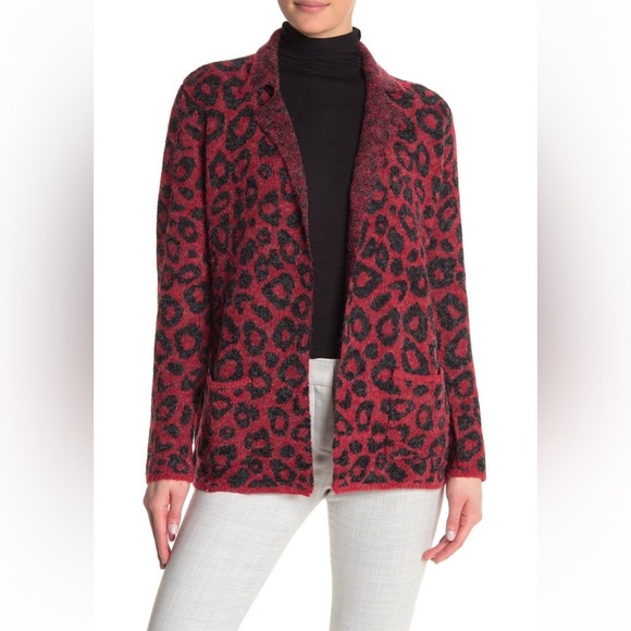 JOSEPH A cheetah red black open front collared cardigan size Oversized Small - Picture 1 of 11